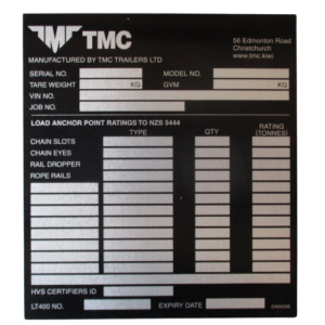 Certification Plate - Chassis & Load Anchorage (Replacement)